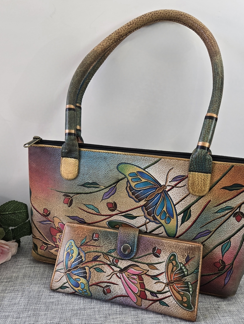 Anuschka Hand Painted Multi Compartment Hand Bag & Wallet Butterflies Multicolo